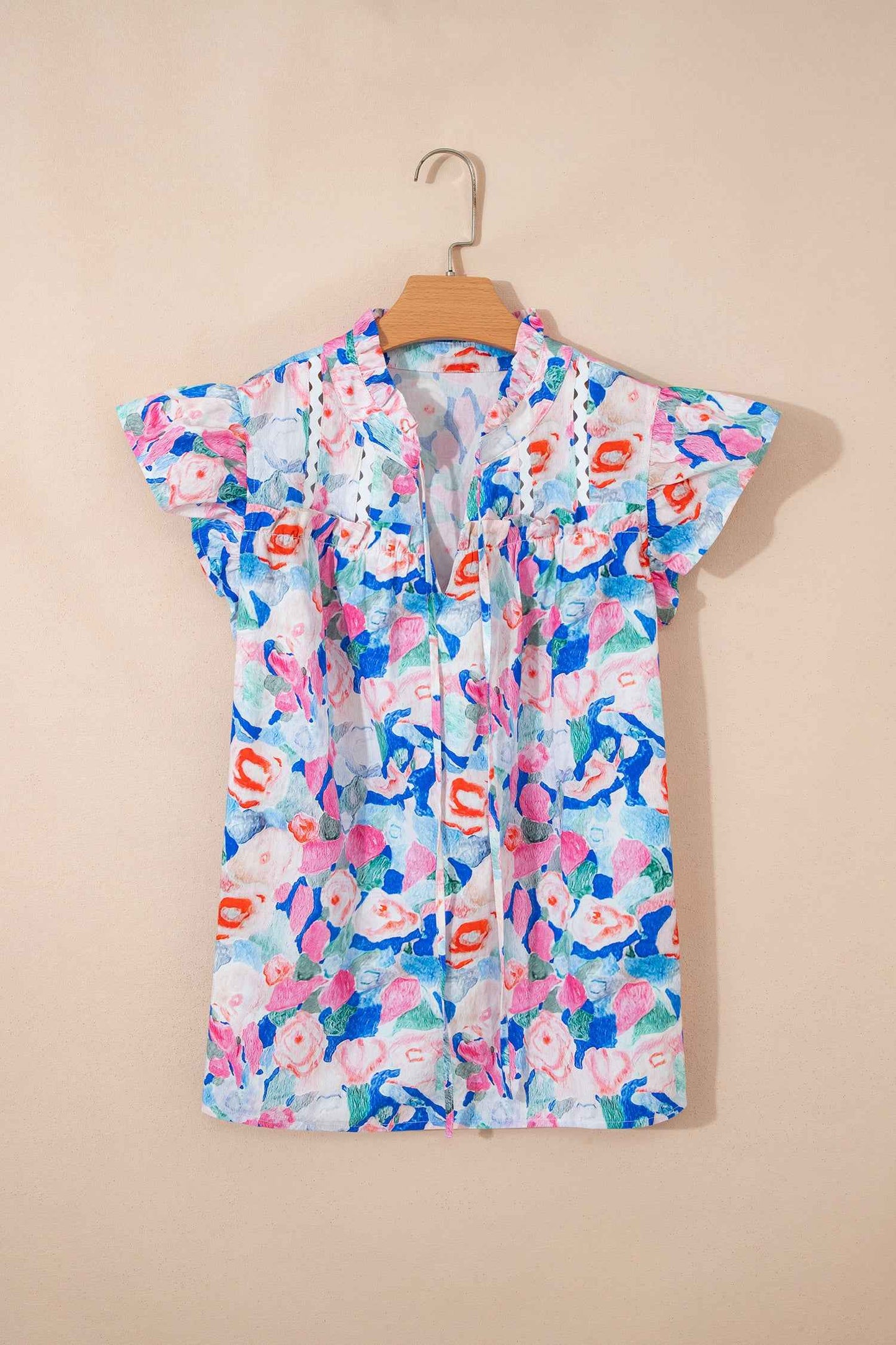 Pink Floral Print Tie V Neck Contrast Detail Ruffle Short Sleeve Blouse