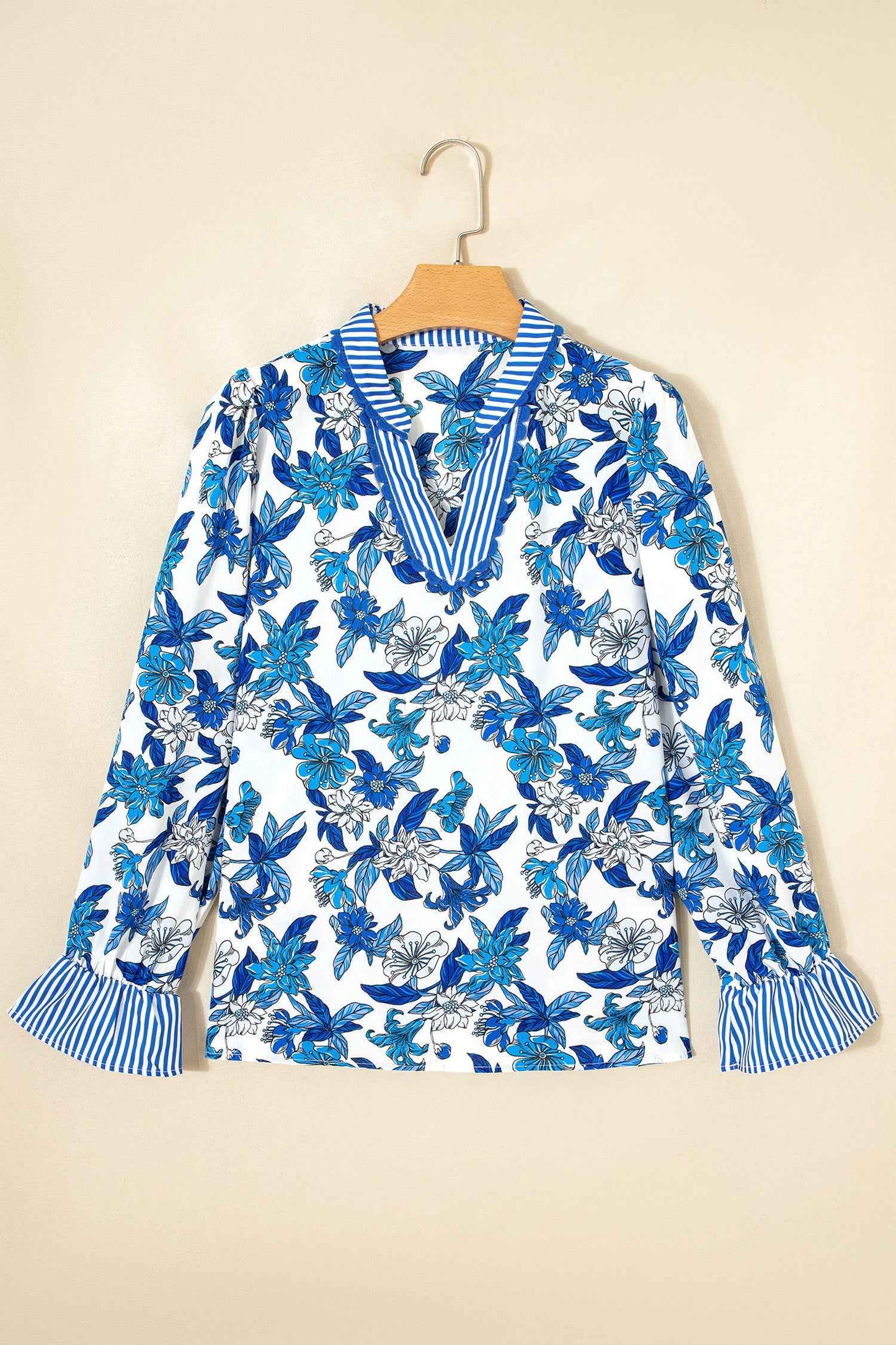 Sky Blue Floral Print Striped Patchwork Long Flounce Sleeve Ricrac Trim V Neck Blouse