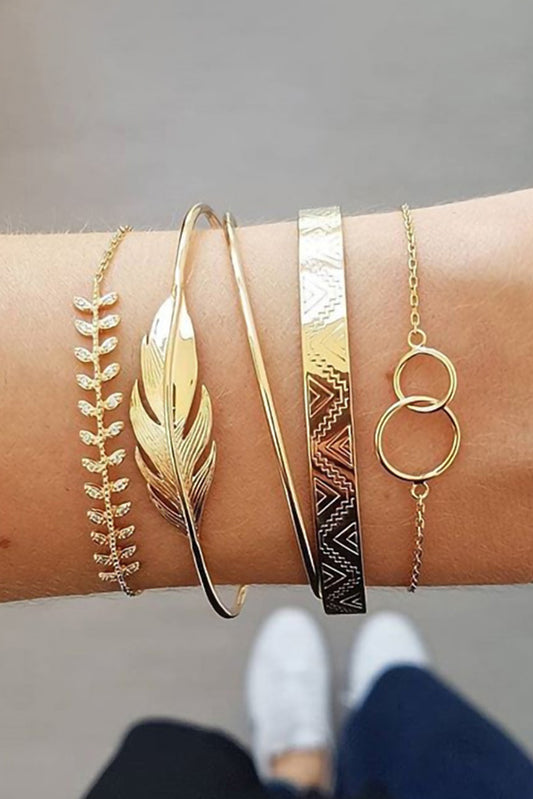 Gold Leaves Retro Pattern Adjustable Plated 5Pcs Bracelet Set - Snoopy's Closet