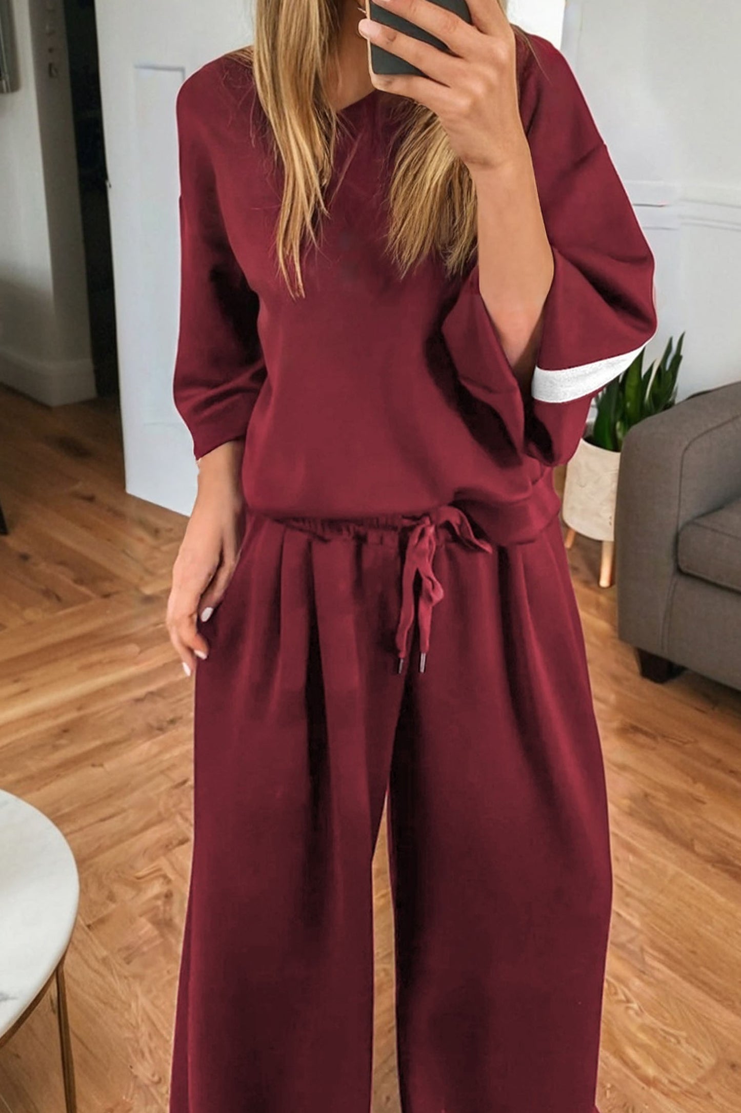 Burgundy Varsity Striped 3/4 Sleeve Pullover Drawstring Sweatpants Set - Snoopy's Closet