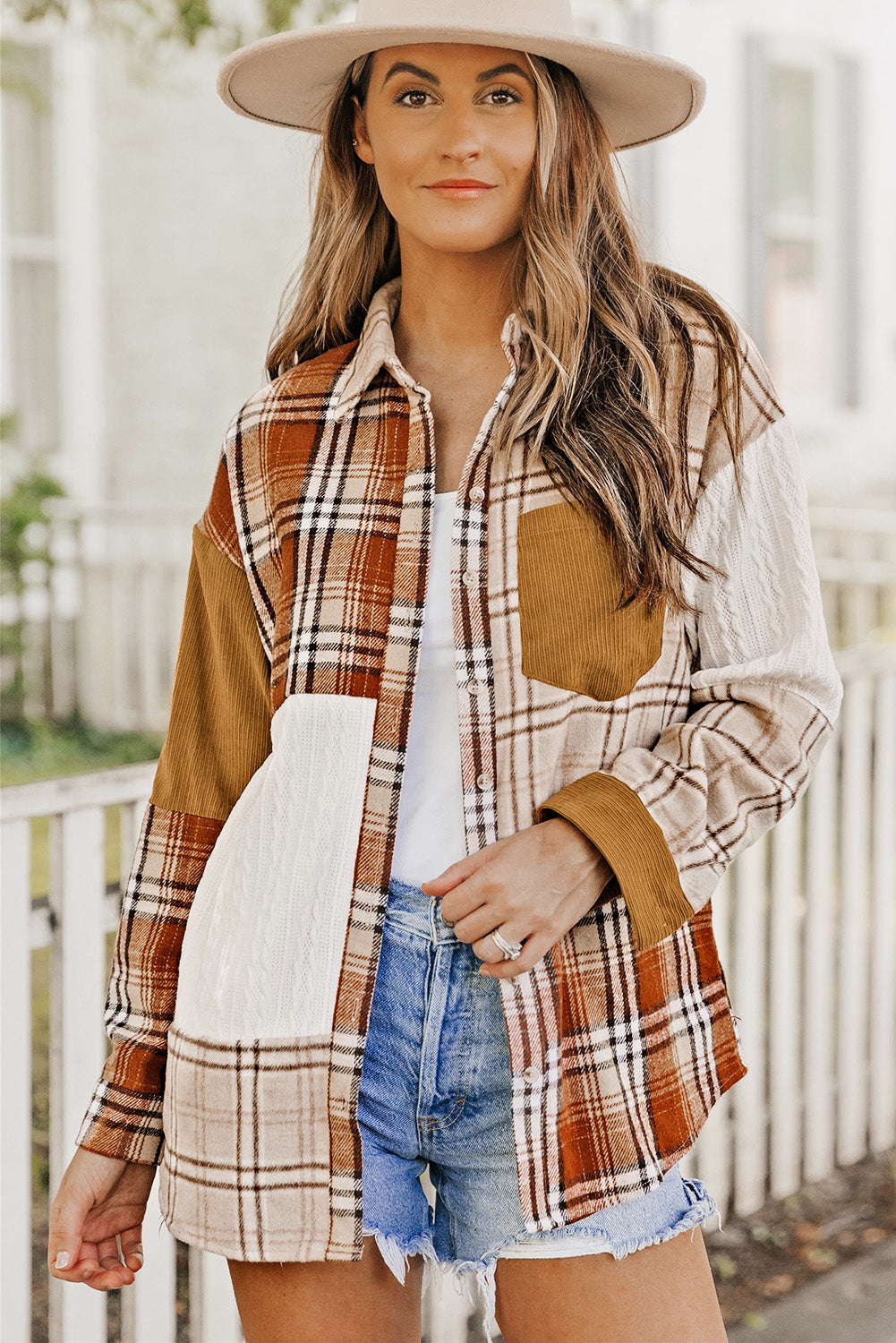 Camisa chaqueta con bolsillos y bloques de color a cuadros naranjas