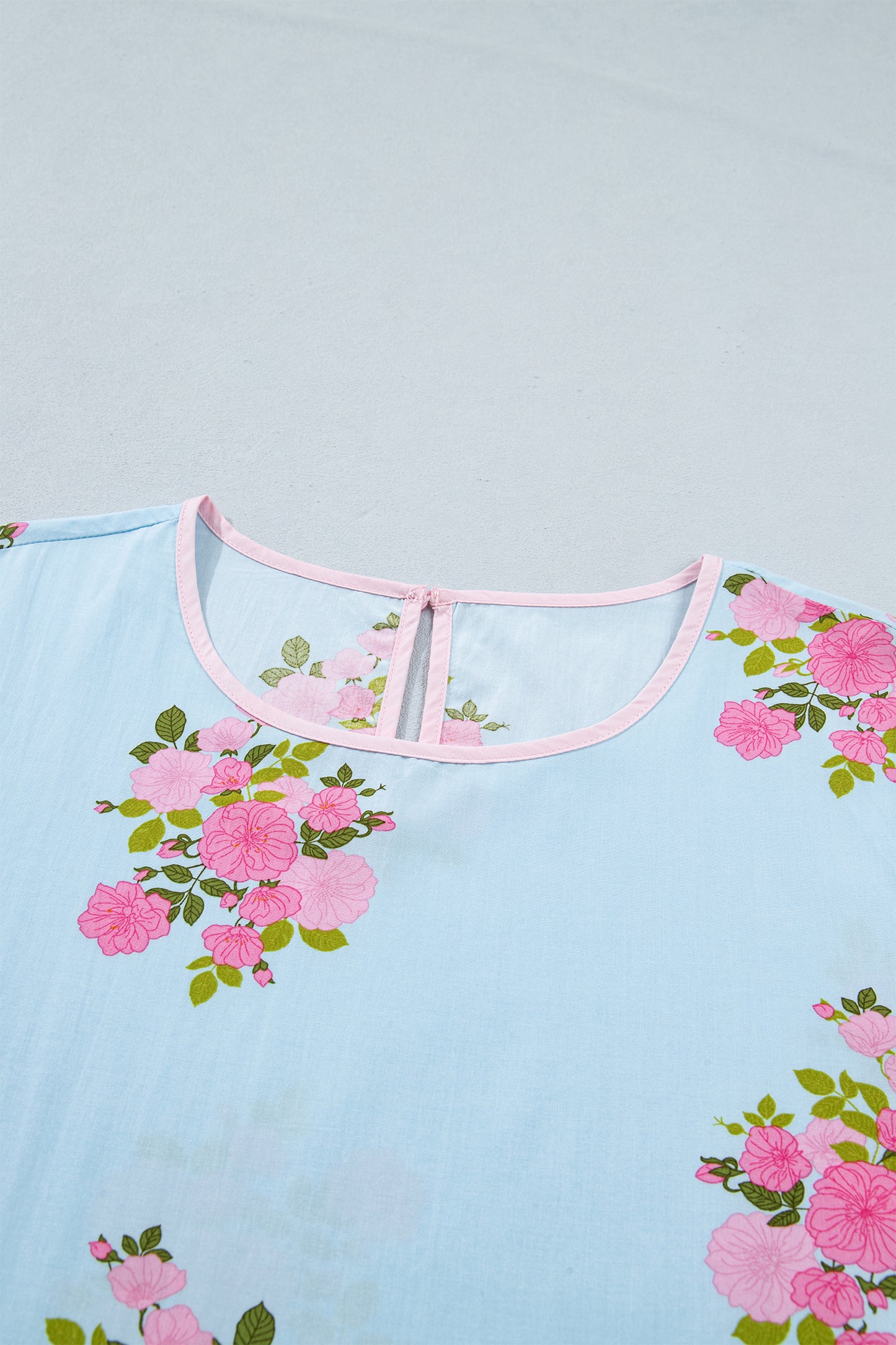 Sky Blue Floral Print Button Cuffed 3/4 Sleeve Round Neck Blouse - Snoopy's Closet