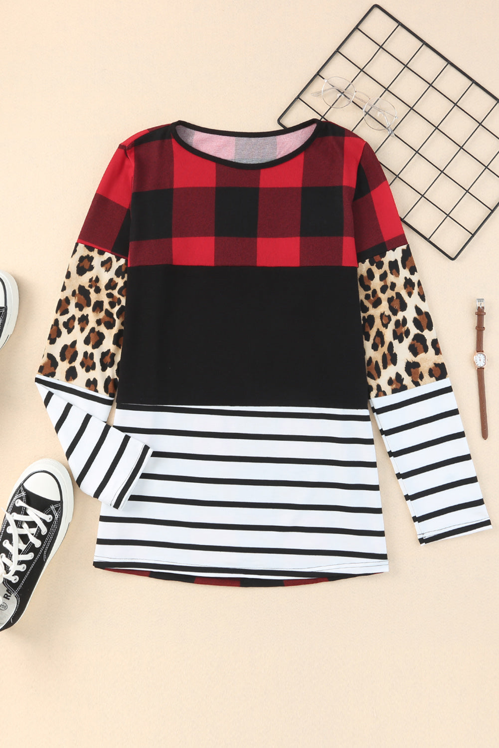 Plaid Print Leopard Splicing Striped Color Block Long Sleeve Top - Snoopy's Closet