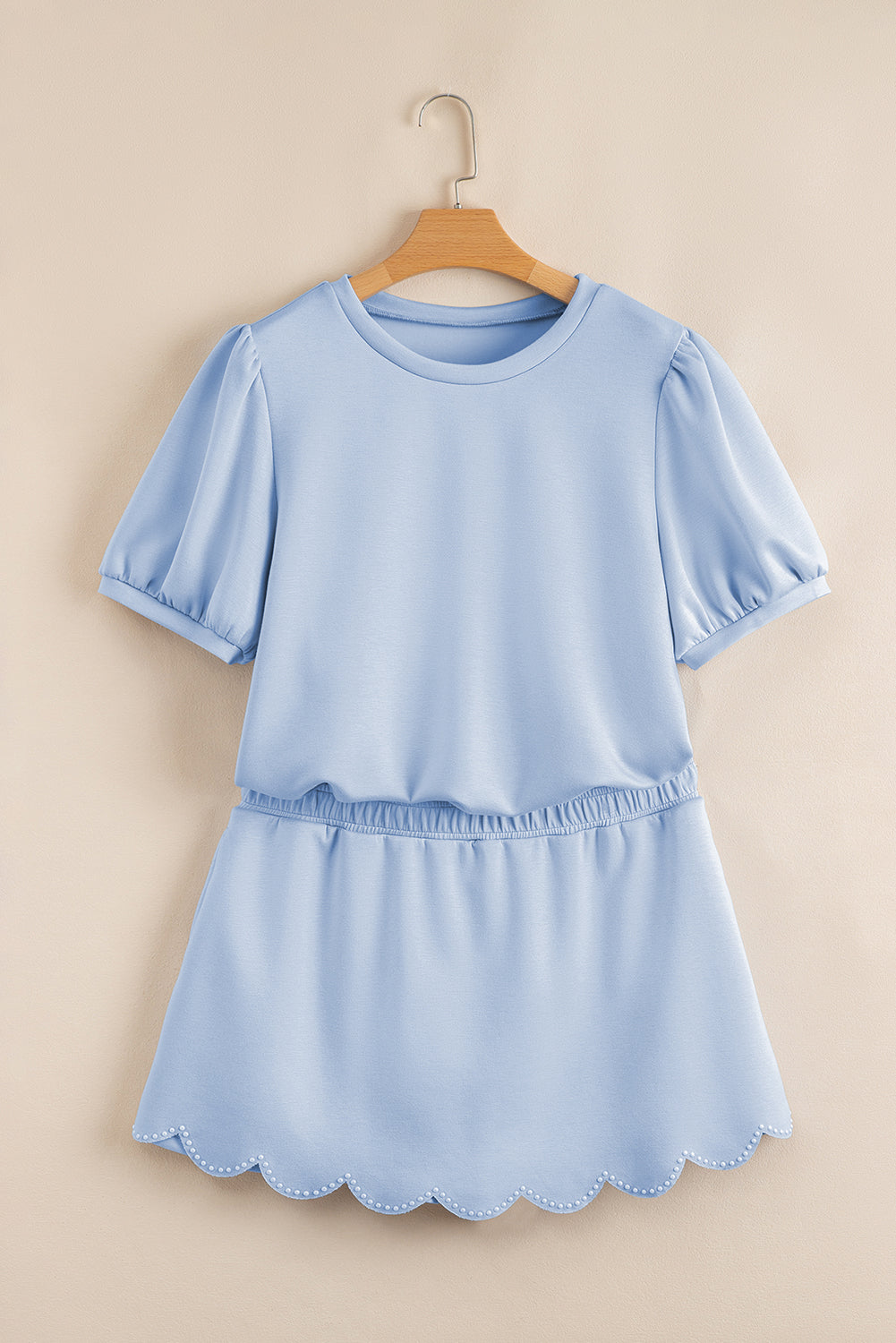 Beau Blue Puff Sleeve Pearl Embellished Scallop Trim Top 2 Piece Skort Set - Snoopy's Closet
