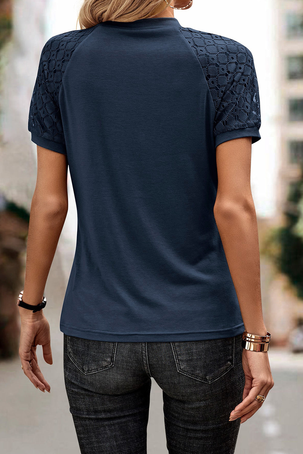 Navy Blue Seamed Detail Contrast Lace Raglan Sleeve Tee - Snoopy's Closet