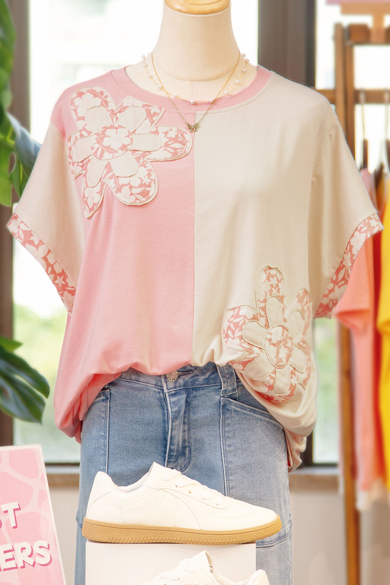 Apricot Color Block Flower Patched Loose T Shirt - Snoopy's Closet