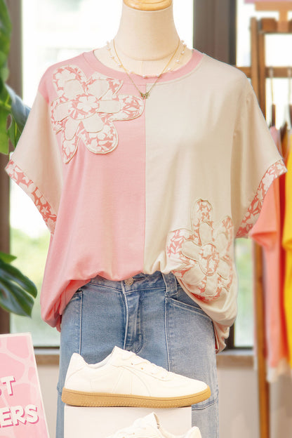 Apricot Color Block Flower Patched Loose T Shirt - Snoopy's Closet