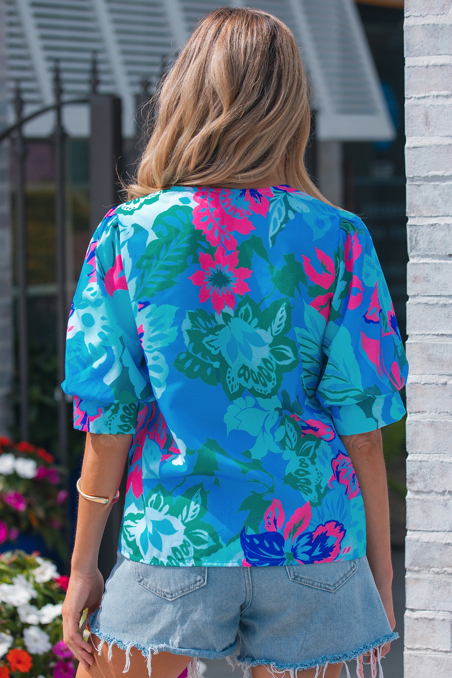 Sky Blue Floral Print V Neck Half Sleeve Blouse - Snoopy's Closet