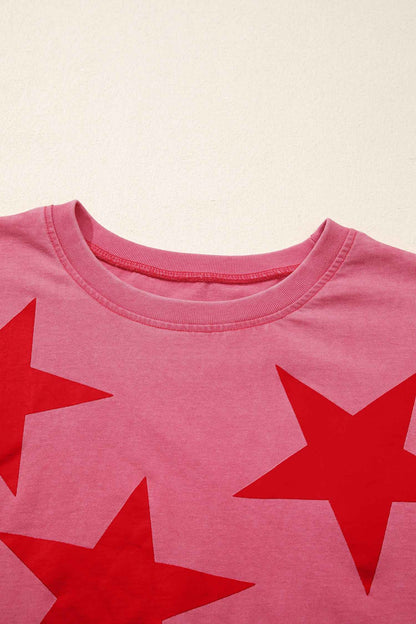Red Independence Day Star Printed Mineral Wash T Shirt