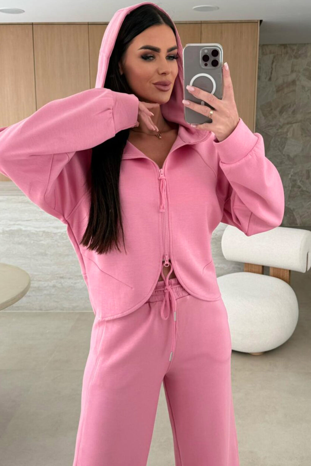 Pink Solid Color Zip Up Hoodie Drawstring Loose Pants Set - Snoopy's Closet