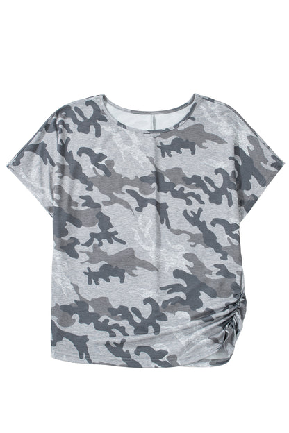Gray Camouflage Print Round Neck T Shirt - Snoopy's Closet