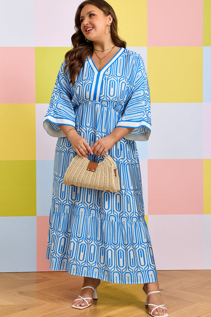Sky Blue Plus Size Geometric Print Contrast Trim V Neck Bracelet Sleeve Long Dress