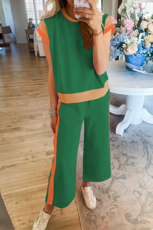 Dark Green Color Block Detail Casual Two-piece Set - Snoopy's Closet