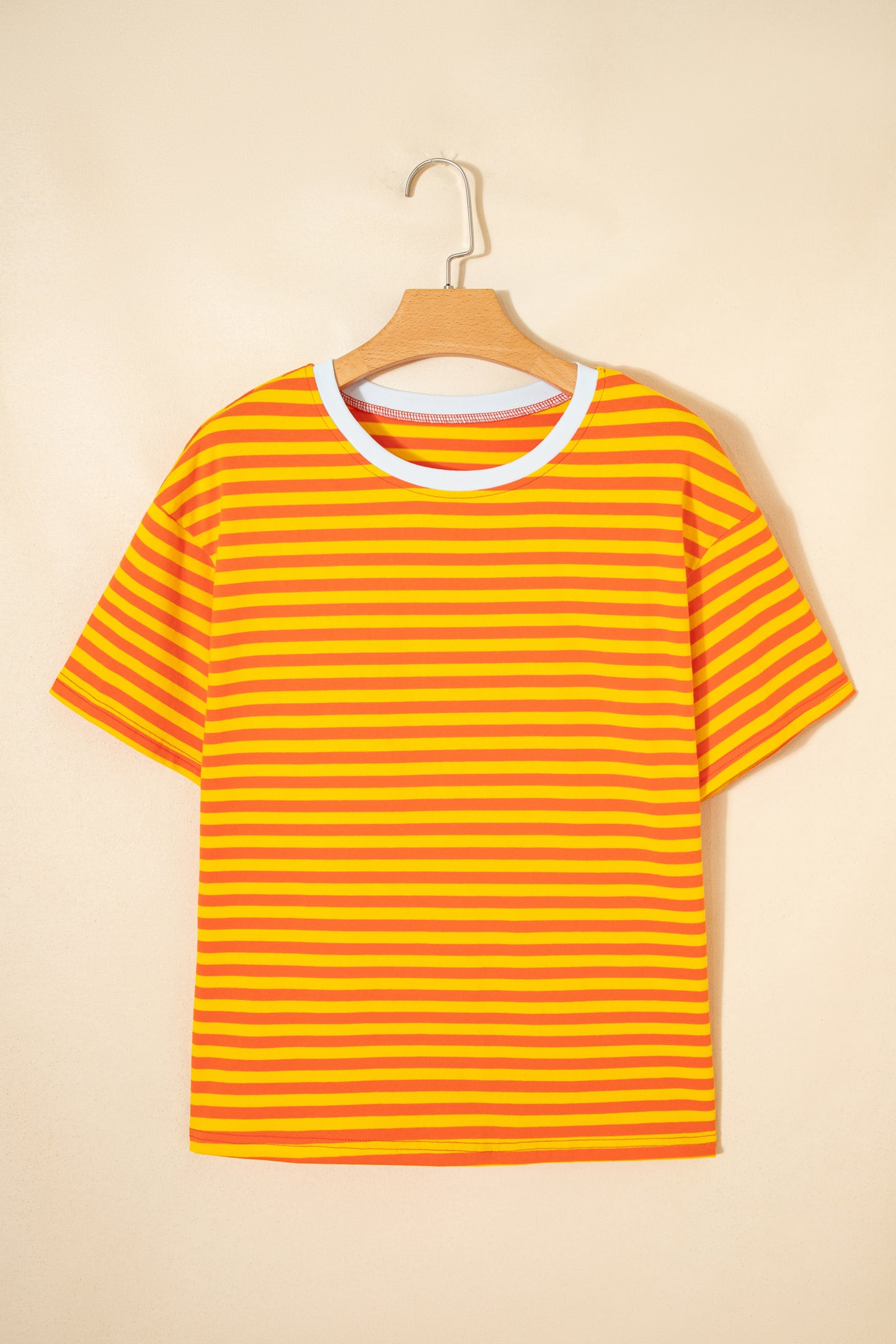 Orange Stripe Contrast Crew Neck Drop Shoulder Loose Tee - Snoopy's Closet