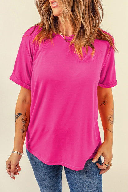 Rose Red Casual Plain Crew Neck Tee - Snoopy's Closet