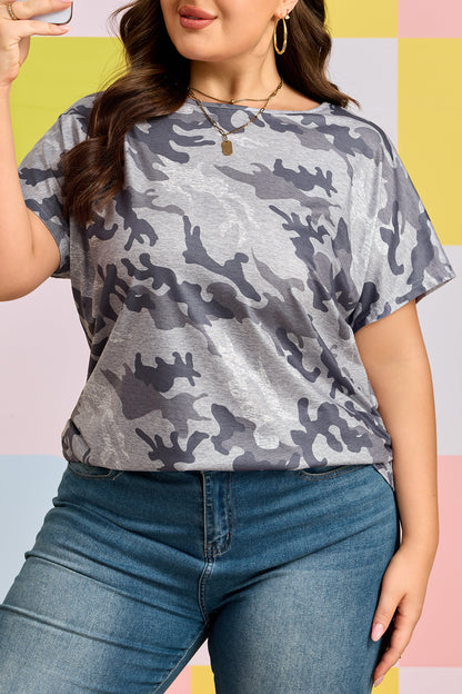 Gray Plus Size Camo Print Casual T Shirt - Snoopy's Closet