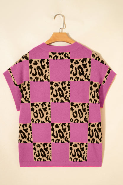 Suéter de punto de manga corta a cuadros leopardo rojo rosa