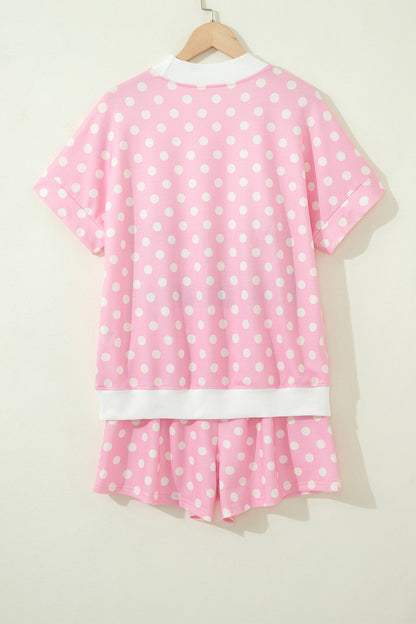 Sky Blue Polka Dot Print Color Block Trim Mock Neck Short Set - Snoopy's Closet