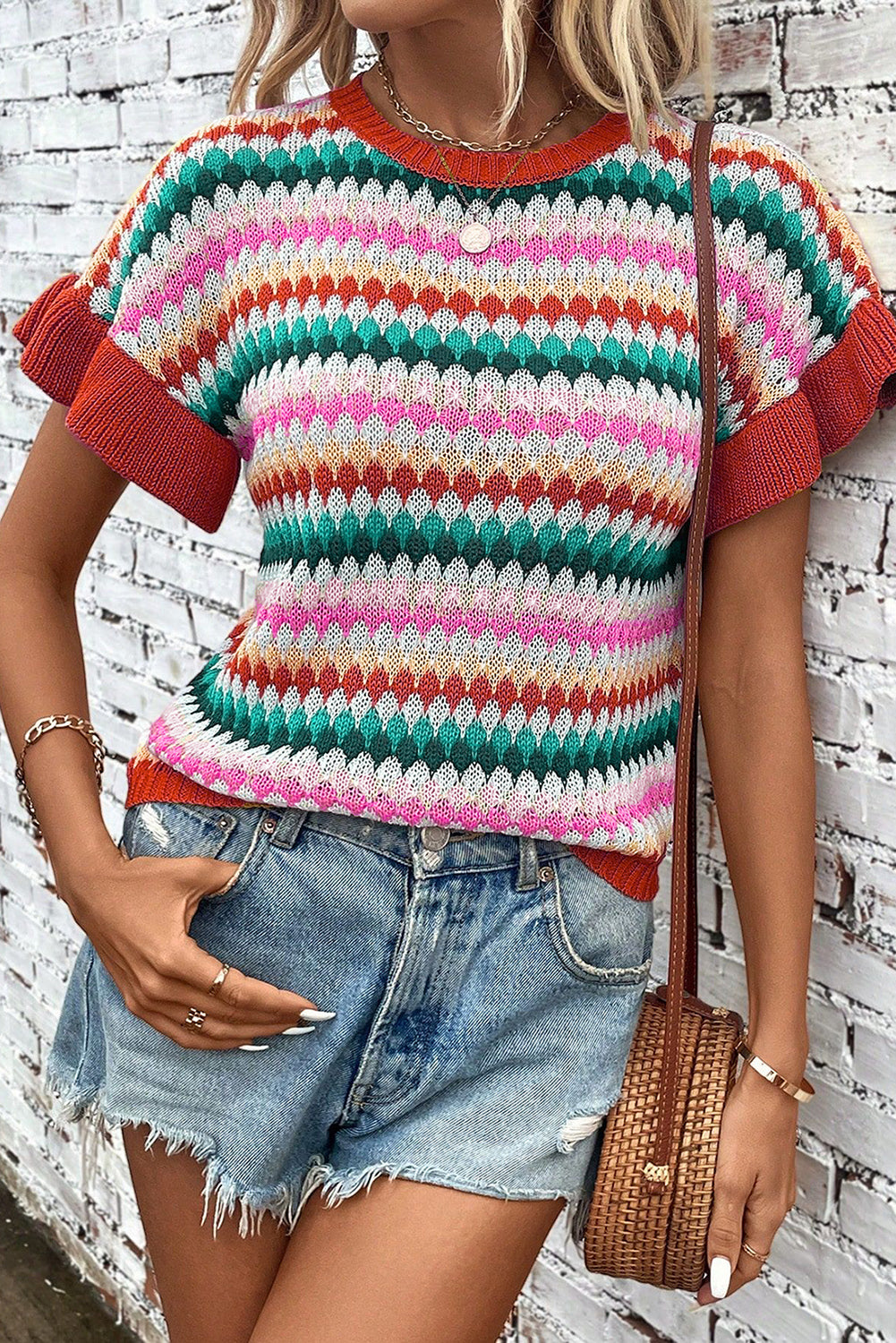 Fiery Red Trimmed Ruffle Sleeve Colorful Textured Sweater - Snoopy's Closet