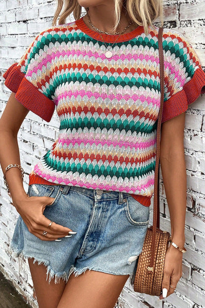 Fiery Red Trimmed Ruffle Sleeve Colorful Textured Sweater - Snoopy's Closet