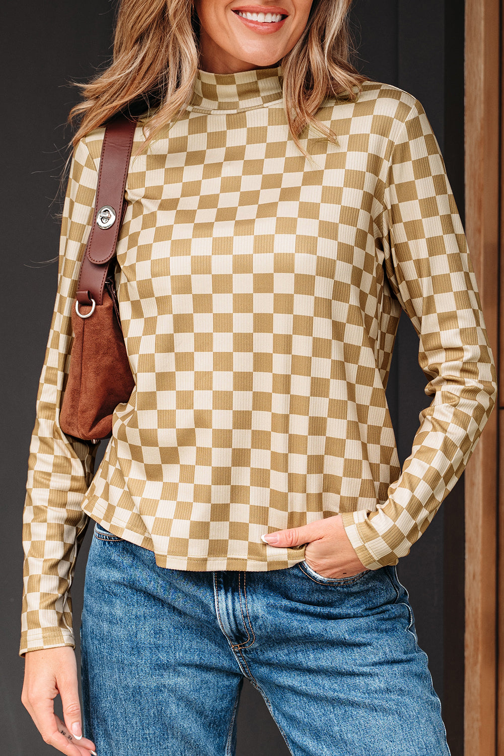 Khaki Check Pattern Turtleneck Ribbed Slim Long Sleeve Tee - Snoopy's Closet