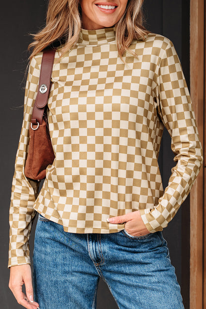 Khaki Check Pattern Turtleneck Ribbed Slim Long Sleeve Tee - Snoopy's Closet