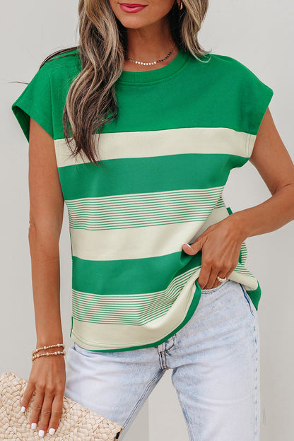 Green Stripe Mixed Print Crew Neck Cap Sleeve T Shirt - Snoopy's Closet