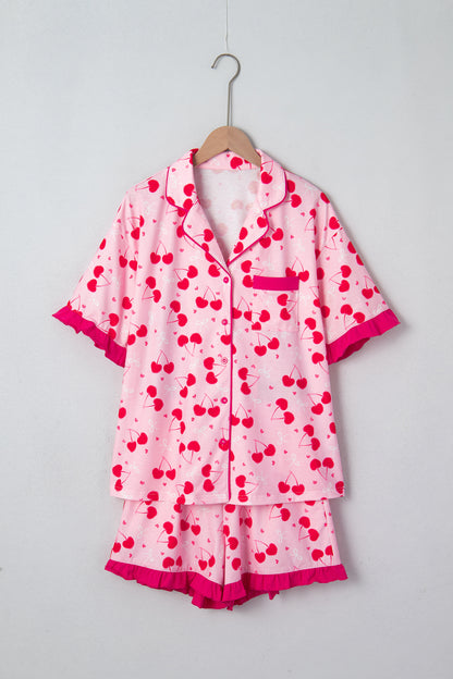 Conjunto corto de pijama con estampado mixto de cerezas y lazo con borde festoneado