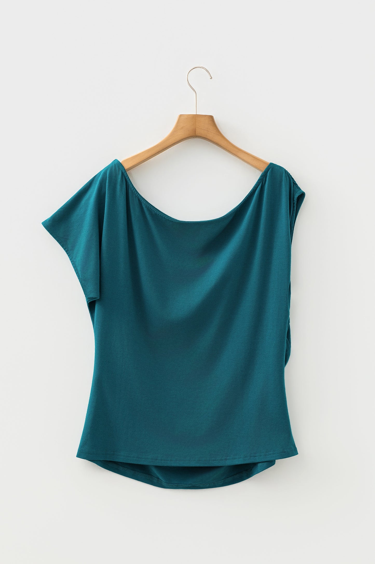 Blue Sapphire Plus Size Solid Color Asymmetric Neck Short Sleeve Blouse - Snoopy's Closet