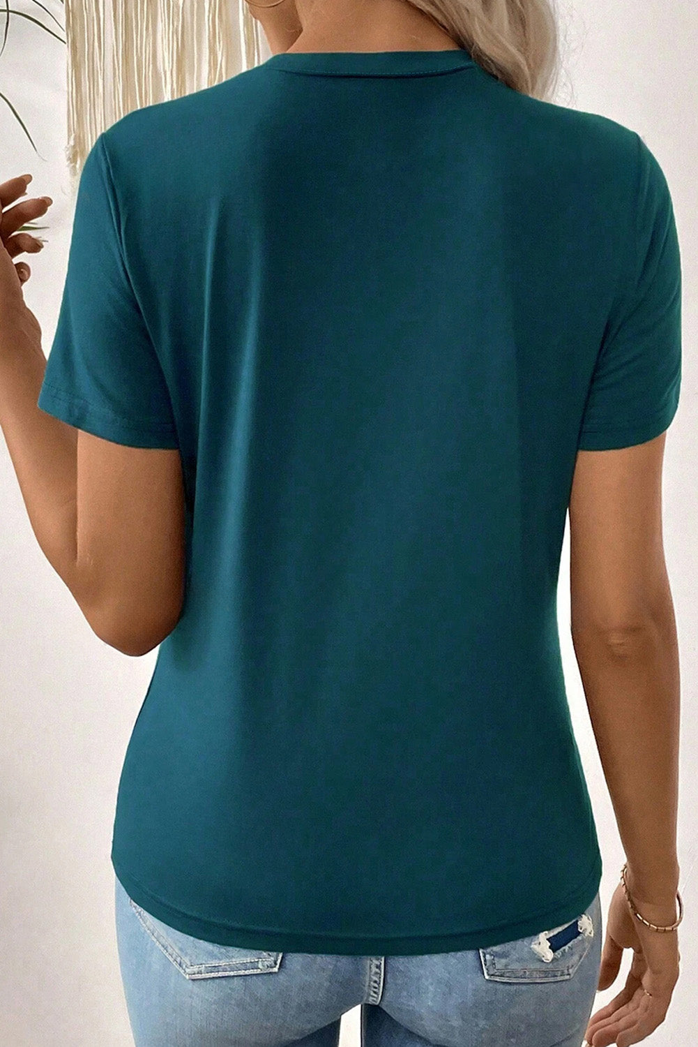 Blue Sapphire Solid Color Toothpick Stripe Round Neck T Shirt - Snoopy's Closet