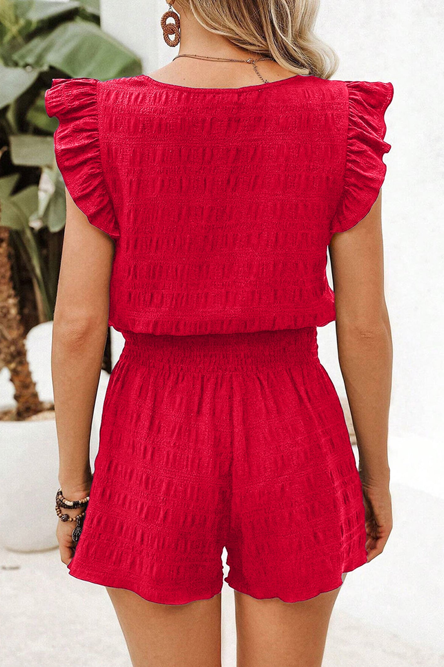 Fiery Red Textured Square Neck Top and Shirred High Waist Shorts Set - Snoopy's Closet