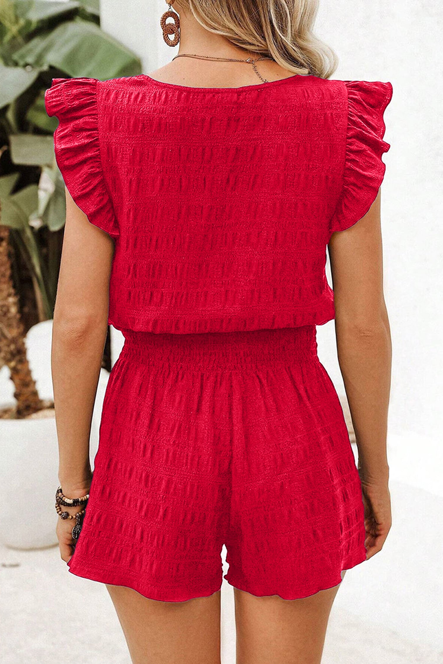Fiery Red Textured Square Neck Top and Shirred High Waist Shorts Set - Snoopy's Closet