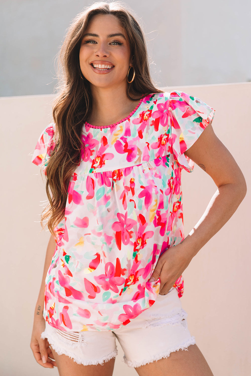Rose Floral Print Flutter Sleeve Round Neck Casual Blouse - Snoopy's Closet