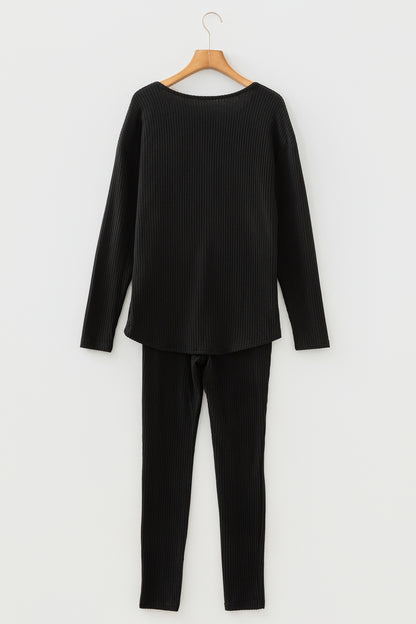 Black Ribbed Notched Neck Knit Long Sleeve Leggings Two Pieces Lounge Set - Snoopy's Closet