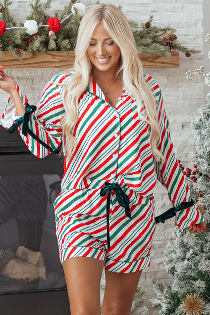 Green Stripe Contrast Velvet Ribbon Knot Christmas 2pcs Pajama Set - Snoopy's Closet