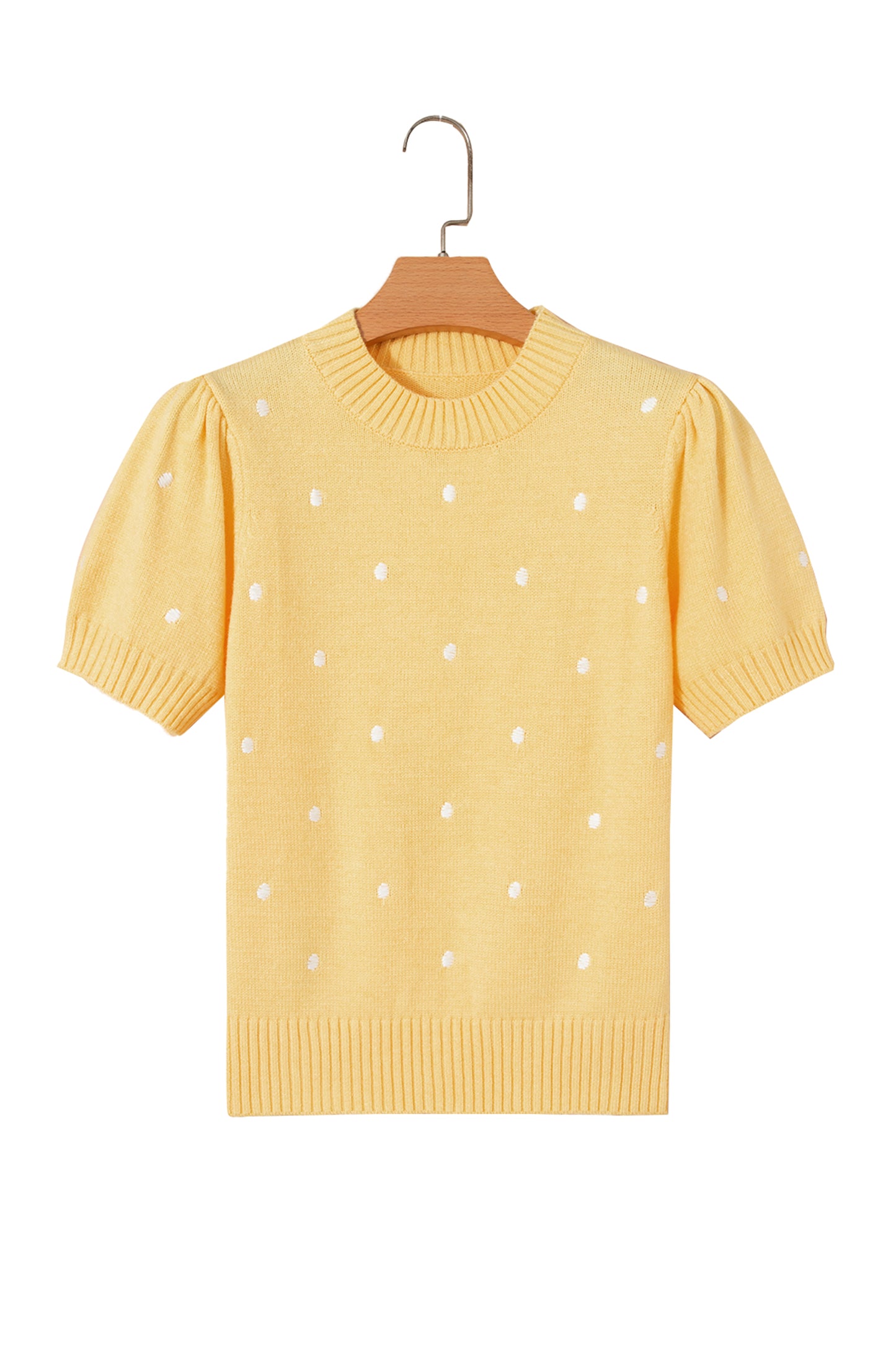 Suéter amarillo crema elegante de manga corta abullonada con lunares