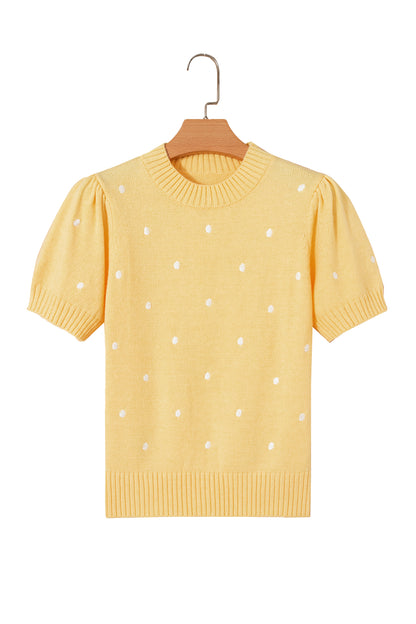 Suéter amarillo crema elegante de manga corta abullonada con lunares