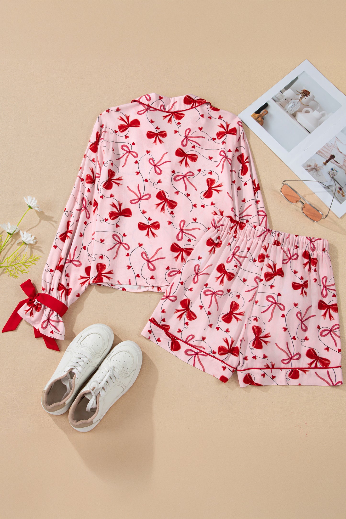 Red Bow Print Valentine Long Sleeve Shirt Shorts 2 Pcs Pajama Set - Snoopy's Closet