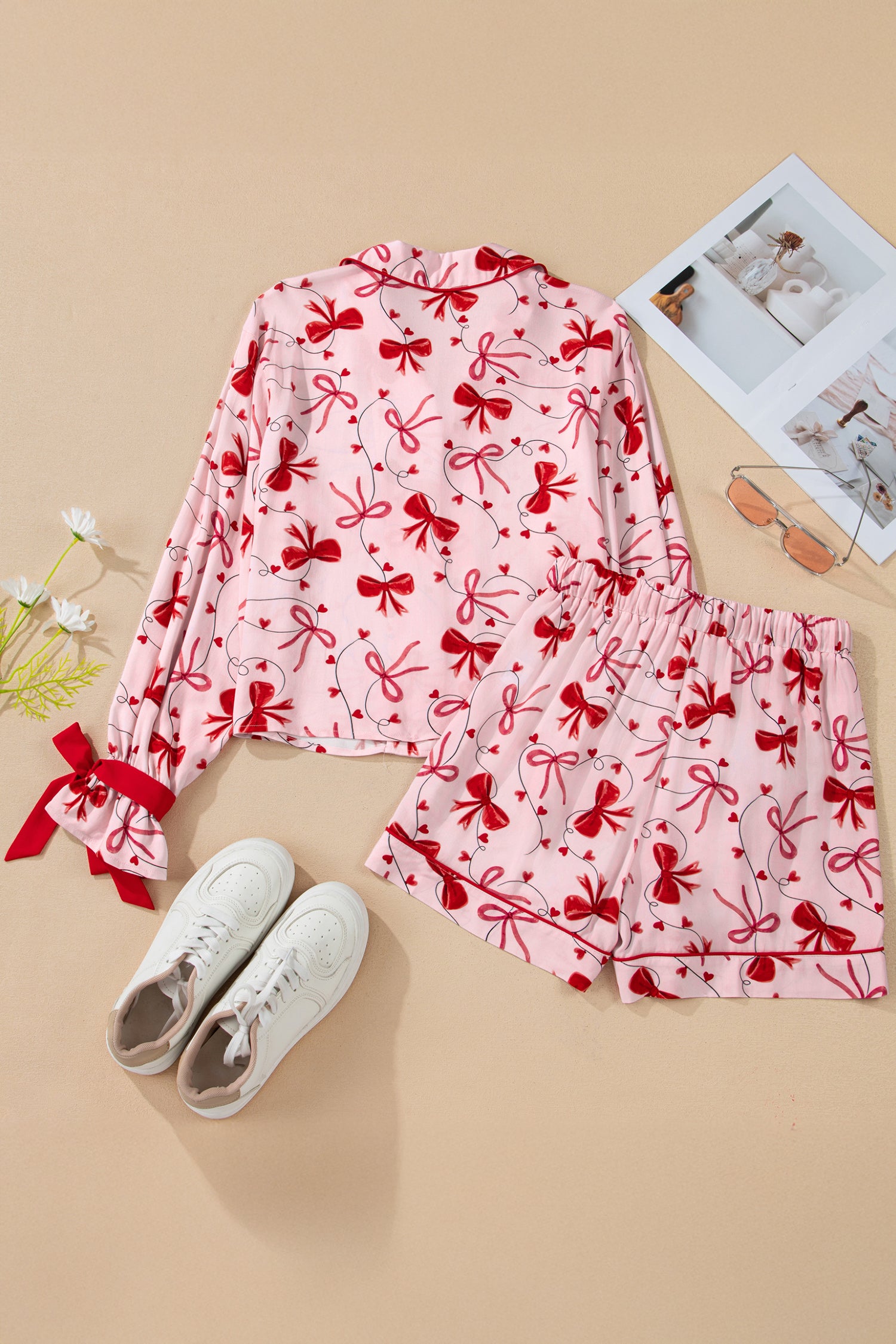 Red Bow Print Valentine Long Sleeve Shirt Shorts 2 Pcs Pajama Set - Snoopy's Closet