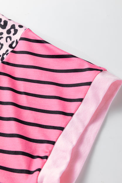 Pink Leopard Striped Patchwork Side Slit Loose Short Sleeve Top - Snoopy's Closet
