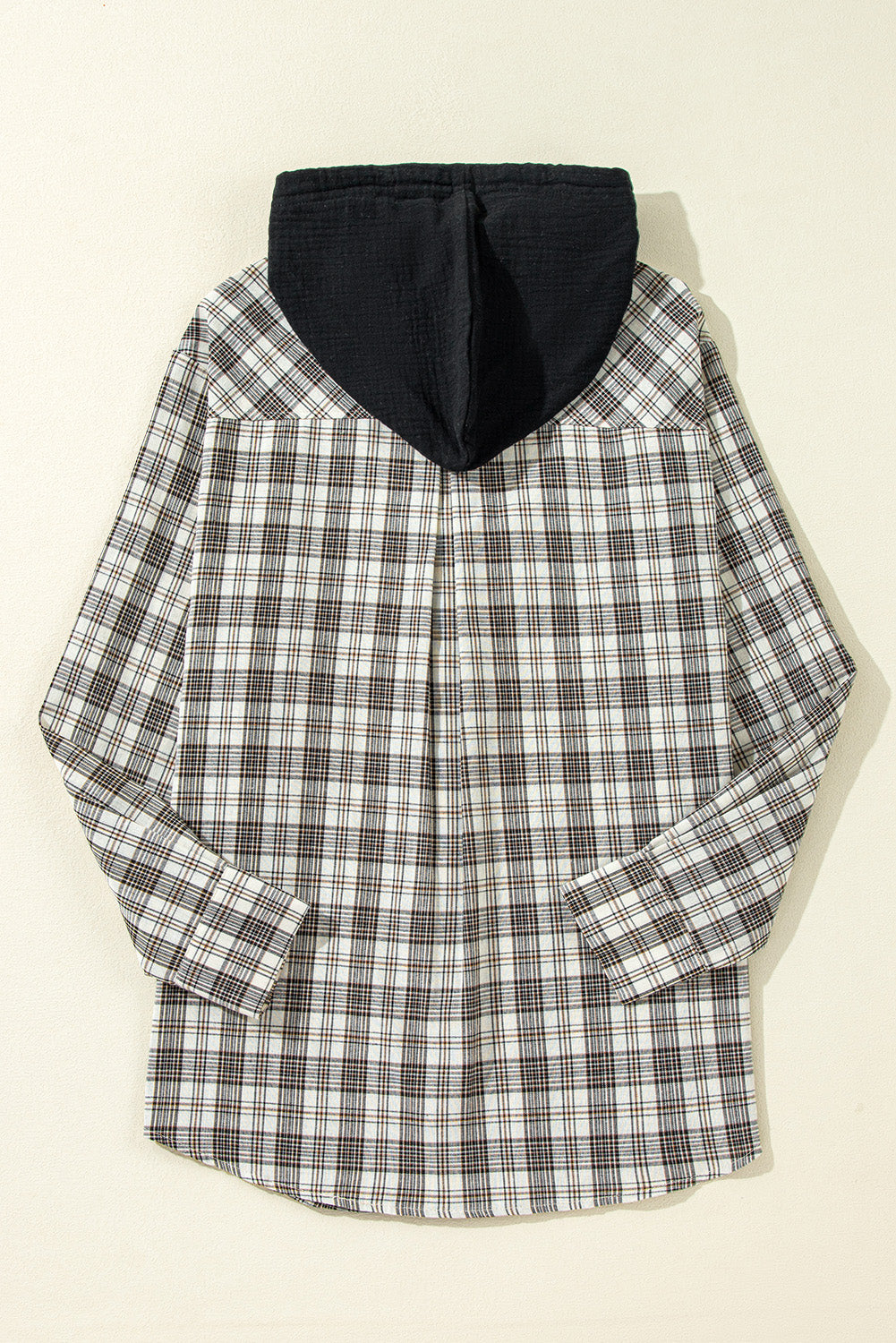 Camisa Chaqueta con Capucha, Estampado a Cuadros Negros, Corte Holgado y Botones