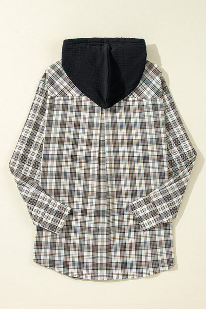 Camisa Chaqueta con Capucha, Estampado a Cuadros Negros, Corte Holgado y Botones