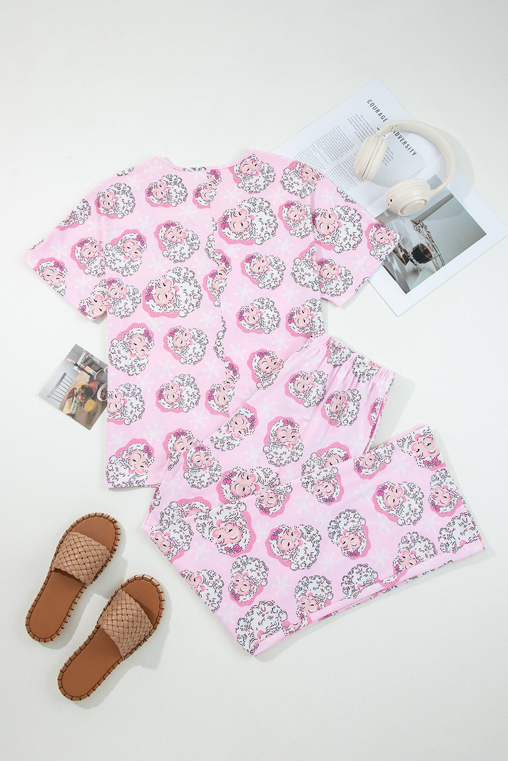 Pink Santa Claus Print V Neck Tee Drawstring Pants 2pcs Lounge Set - Snoopy's Closet