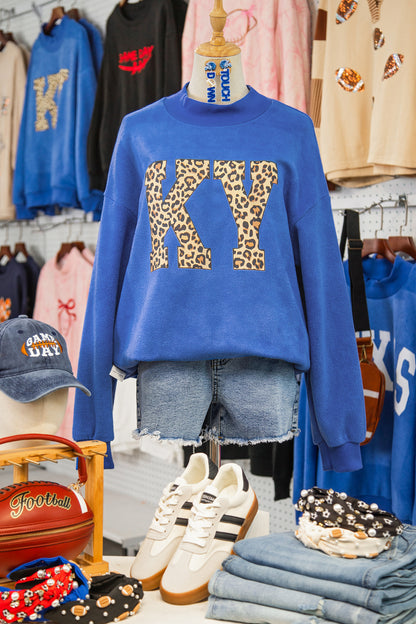 Dark Blue KENTUCKY Leopard KY Letter Print Reversible High Neck Sweatshirt - Snoopy's Closet