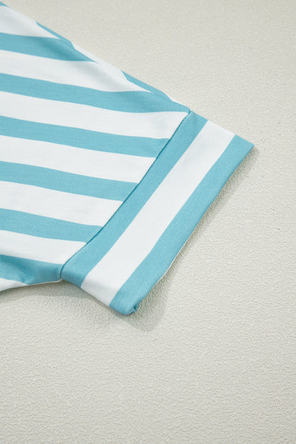 Sky Blue Stripe V Neck Patched Pocket Casual T Shirt - Snoopy's Closet