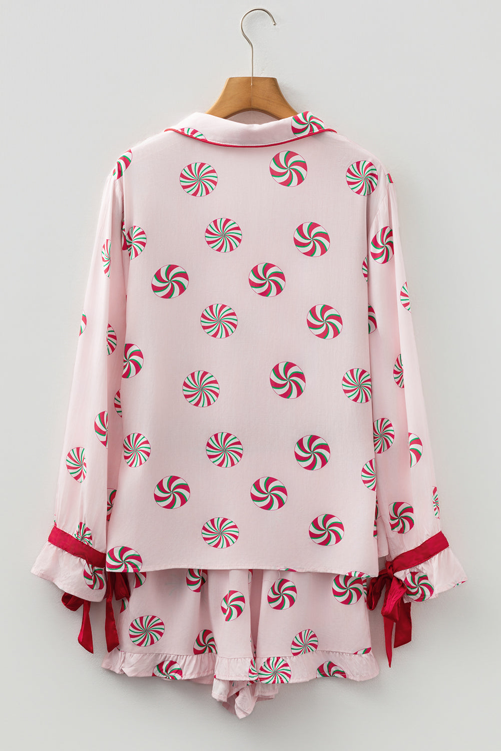 Pink Christmas Candy Contrast Trim Bow Knot Silky 2pcs Pajama Set - Snoopy's Closet