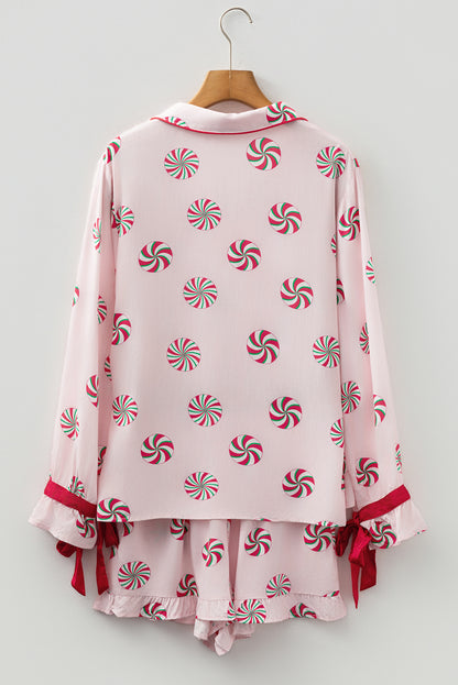 Pink Christmas Candy Contrast Trim Bow Knot Silky 2pcs Pajama Set - Snoopy's Closet