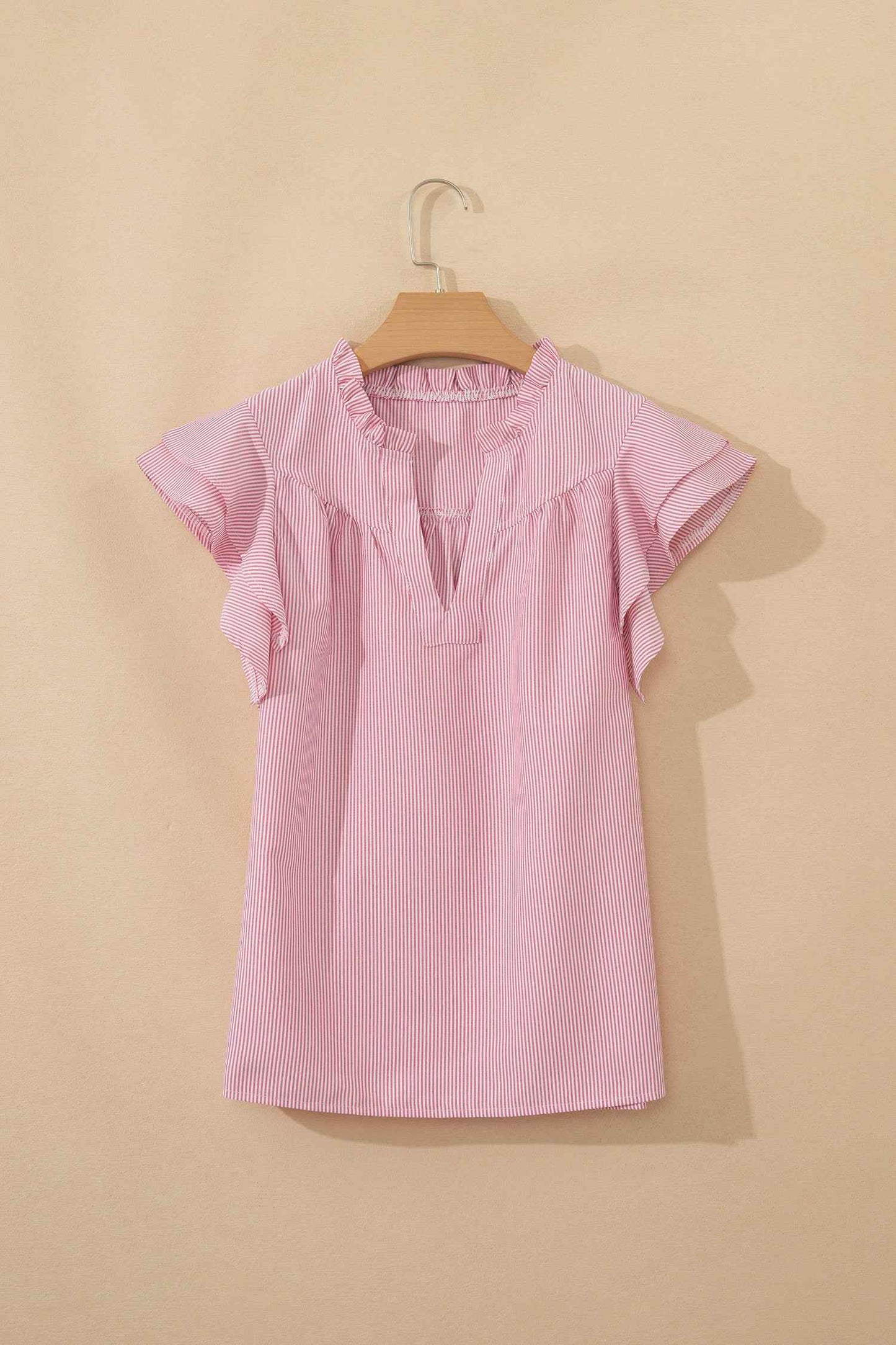 Red Stripe Frilly Split Neck Double Ruffled Short Sleeve Blouse