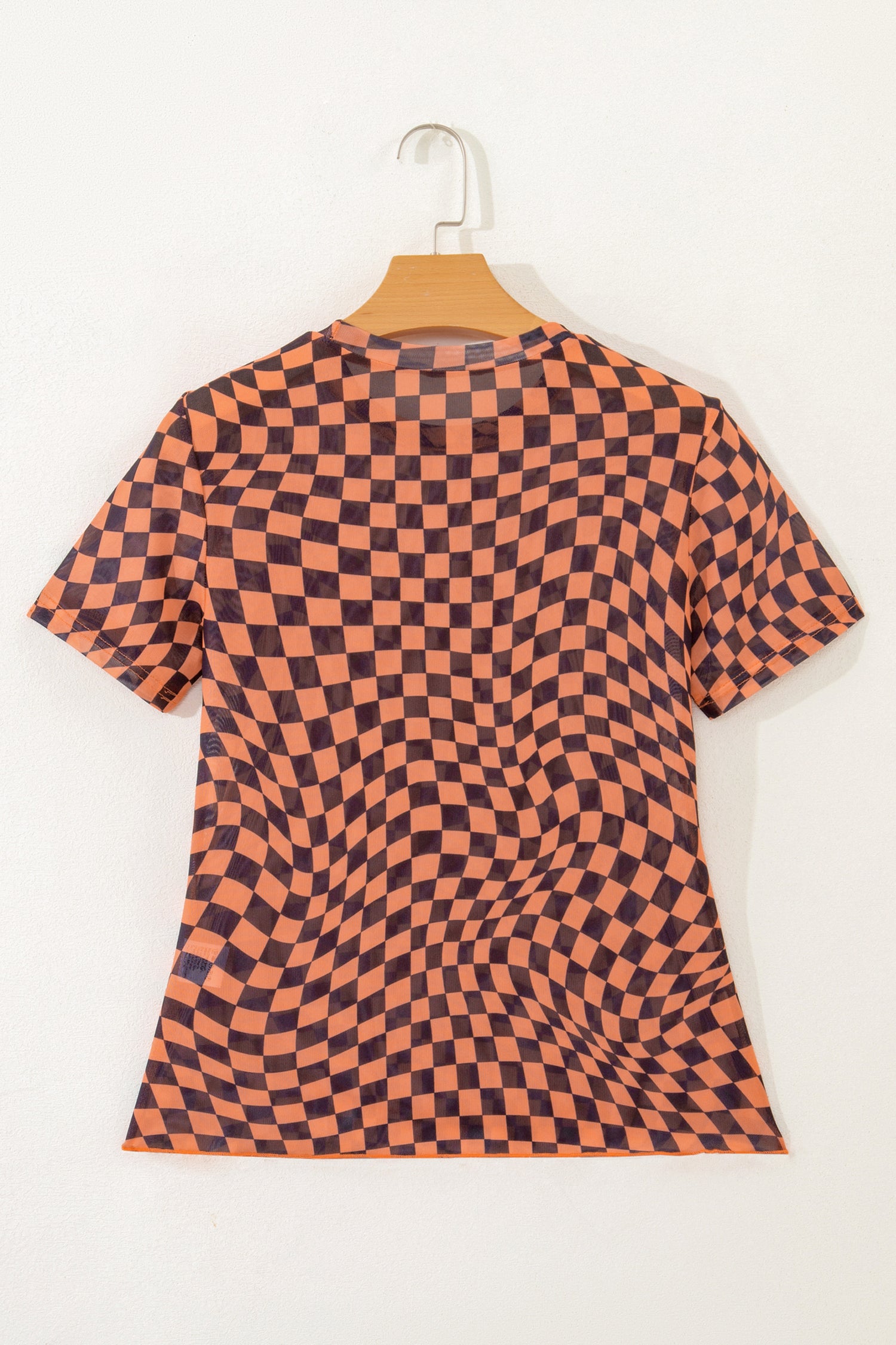 Orange Checkered Print Crew Neck Mesh T Shirt - Snoopy's Closet