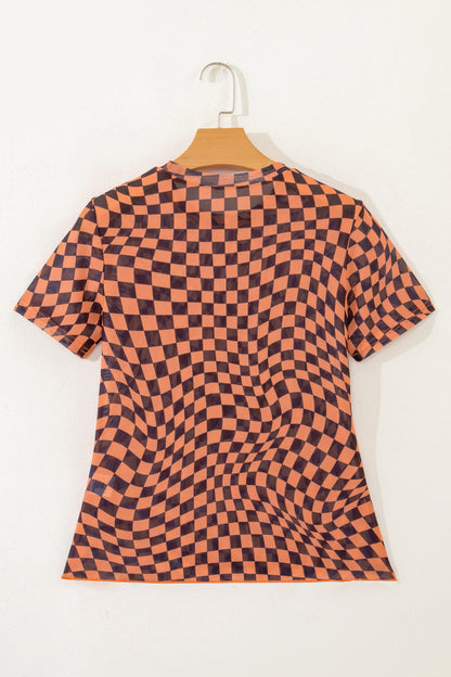 Orange Checkered Print Crew Neck Mesh T Shirt - Snoopy's Closet